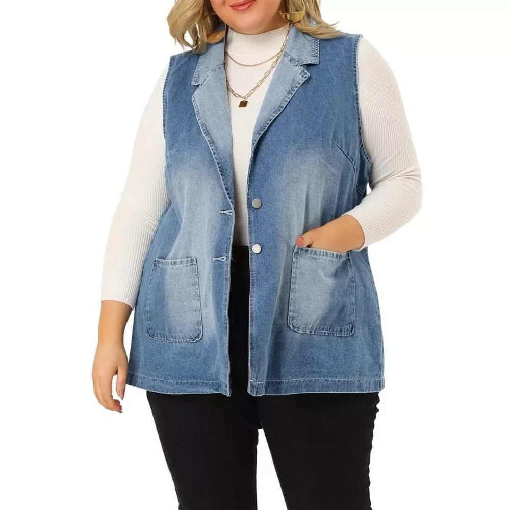 Agnes Orinda Womens Plus Size 4X Denim Vest Faded Blue Sleeveless Jacket Pockets